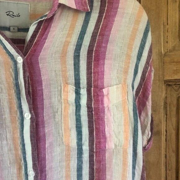 Rails Small Stripe Tie Front Blouse Striped Crop Shirt Collared Pastel Linen - Picture 4 of 9